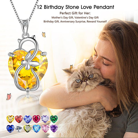 15MM Women Cat Necklace Heart Birthstone 925 Sterling Silver Pendant Butterfly Jewelry Girls Mother Birthday Gift