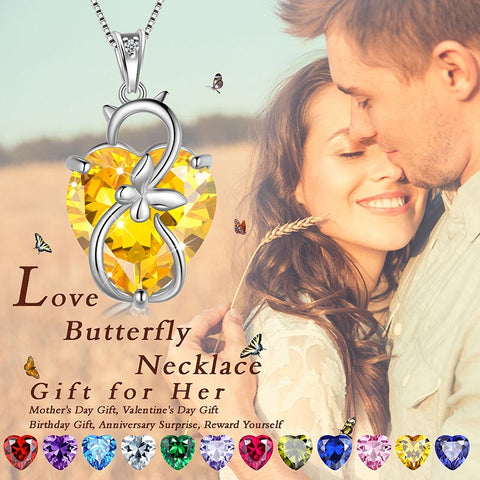 15MM Women Cat Necklace Heart Birthstone 925 Sterling Silver Pendant Butterfly Jewelry Girls Mother Birthday Gift