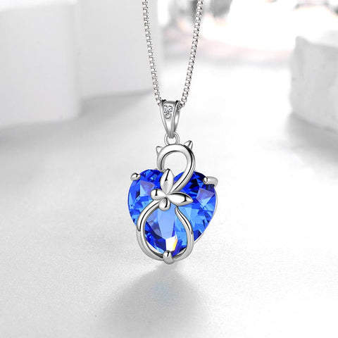 15MM Women Cat Necklace Heart Birthstone 925 Sterling Silver Pendant Butterfly Jewelry Girls Mother Birthday Gift