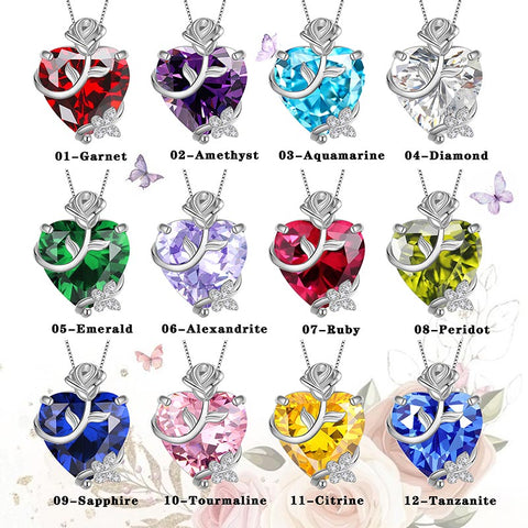 15MM Women Rose Heart Necklace Birthstone 925 Sterling Silver Butterfly Flower Pendant Jewelry Girl Mother Birthday Gift