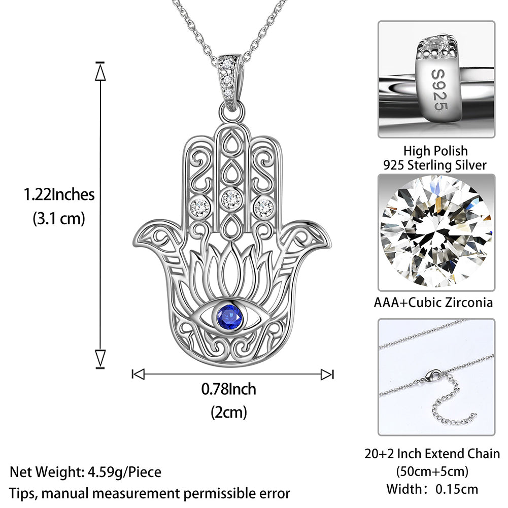 Blue Evil Eye Necklace Men Women Jewelry Gifts Lotus Fatima Hamsa Hand Pendant 925 Sterling Silver - Aurora Tears Jewelry