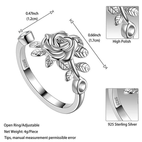 Women Flower Rose Ring Floral Wrap Band Open Ring Jewelry 925 Sterling Silver