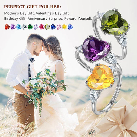 925 Sterling Silver Ring Heart 6CT Women Birthstone Band Bridal Jewelry Valentine Gift for Wife