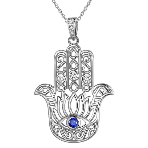 Blue Evil Eye Necklace Men Women Jewelry Gifts Lotus Fatima Hamsa Hand Pendant 925 Sterling Silver - Aurora Tears Jewelry