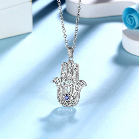 Blue Evil Eye Necklace Men Women Jewelry Gifts Lotus Fatima Hamsa Hand Pendant 925 Sterling Silver - Aurora Tears Jewelry