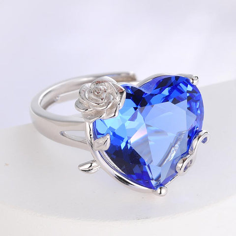 Women Heart Ring 925 Sterling Silver Rose Flower Birthstone Solitaire Ring Jewelry Girls Gift