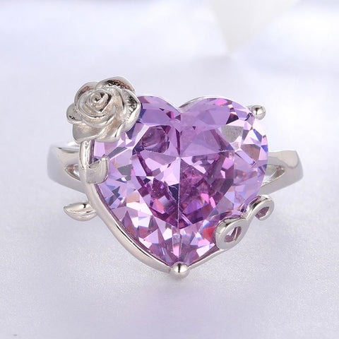 Women Heart Ring 925 Sterling Silver Rose Flower Birthstone Solitaire Ring Jewelry Girls Gift