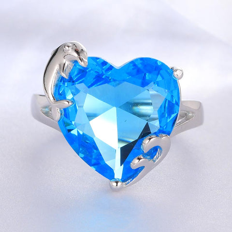 Women Heart Ring 925 Sterling Silver Dolphin Birthstone Solitaire Ring Jewelry Girls Gift