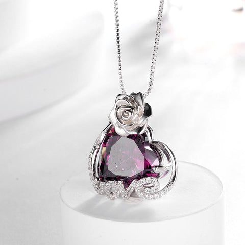 15MM Women Rose Necklace Love Heart Birthstone 925 Sterling Silver Pendant Jewelry Girls Gift