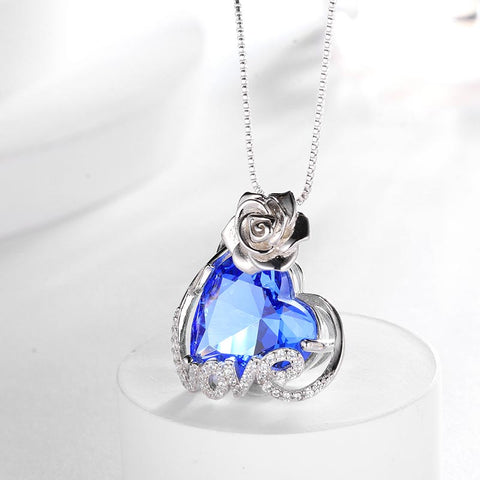 15MM Women Rose Necklace Love Heart Birthstone 925 Sterling Silver Pendant Jewelry Girls Gift