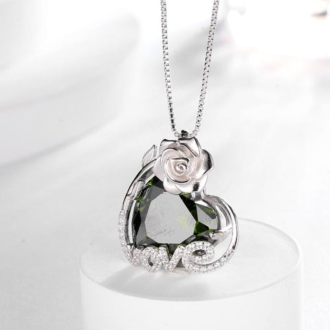 15MM Women Rose Necklace Love Heart Birthstone 925 Sterling Silver Pendant Jewelry Girls Gift