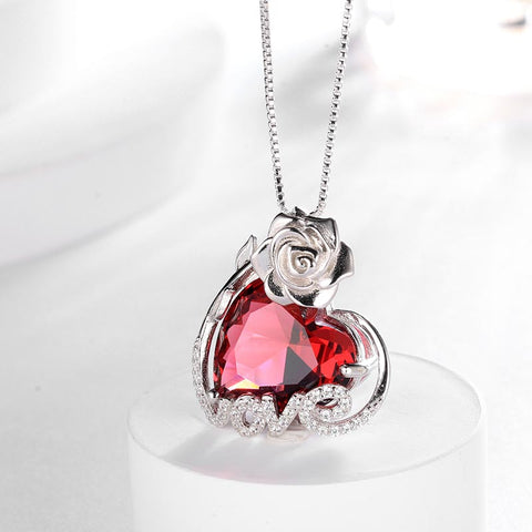 15MM Women Rose Necklace Love Heart Birthstone 925 Sterling Silver Pendant Jewelry Girls Gift