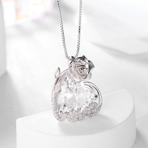 15MM Women Rose Necklace Love Heart Birthstone 925 Sterling Silver Pendant Jewelry Girls Gift