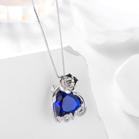 15MM Women Rose Necklace Love Heart Birthstone 925 Sterling Silver Pendant Jewelry Girls Gift