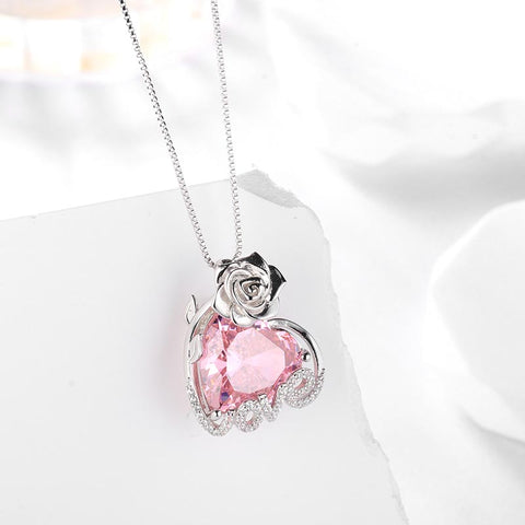 15MM Women Rose Necklace Love Heart Birthstone 925 Sterling Silver Pendant Jewelry Girls Gift