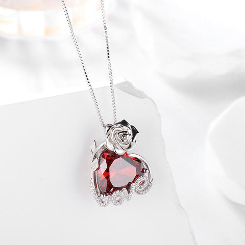 15MM Women Rose Necklace Love Heart Birthstone 925 Sterling Silver Pendant Jewelry Girls Gift