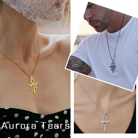 Ankh Cross Blue Eye of Horus Necklace Pendant - Necklaces - Aurora Tears