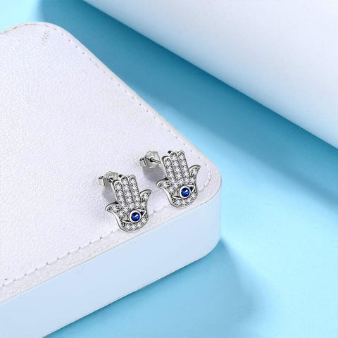 Blue Evil Eye Earrings Stud Women Girls Protection Jewelry Hamsa Hand of Fatima 925 Sterling Silver  - Aurora Tears Jewelry