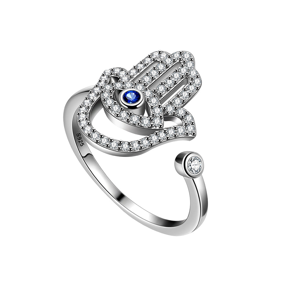 Blue Evil Eye Ring Women Girl Amulet Jewelry Hamsa Hand of Fatima Ring 925 Sterling Silver  - Aurora Tears Jewelry