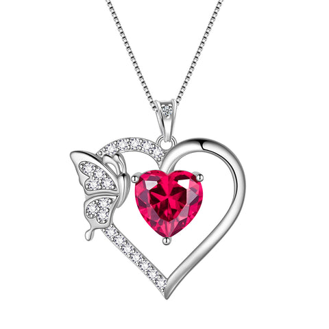 Heart Necklace Birthstone Butterfly Pendant Sterling Silver Jewelry Women Girls Birthday Gifts - Aurora Tears Jewelry