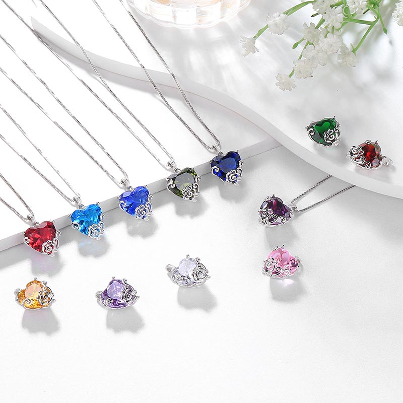 Women Heart Necklace Jewelry Birthstone Flower Pendant Girls Christmas Gift Sterling Silver - Aurora Tears