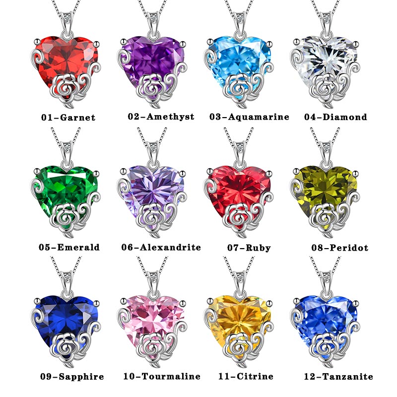 Women Heart Necklace Jewelry Birthstone Flower Pendant Girls Christmas Gift Sterling Silver - Aurora Tears