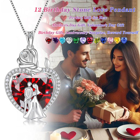 Couple Heart Necklace 15MM Birthstone 925 Sterling Silver Rose Flower Women Pendant Jewelry Engagement Gift for Wife Girlfriend