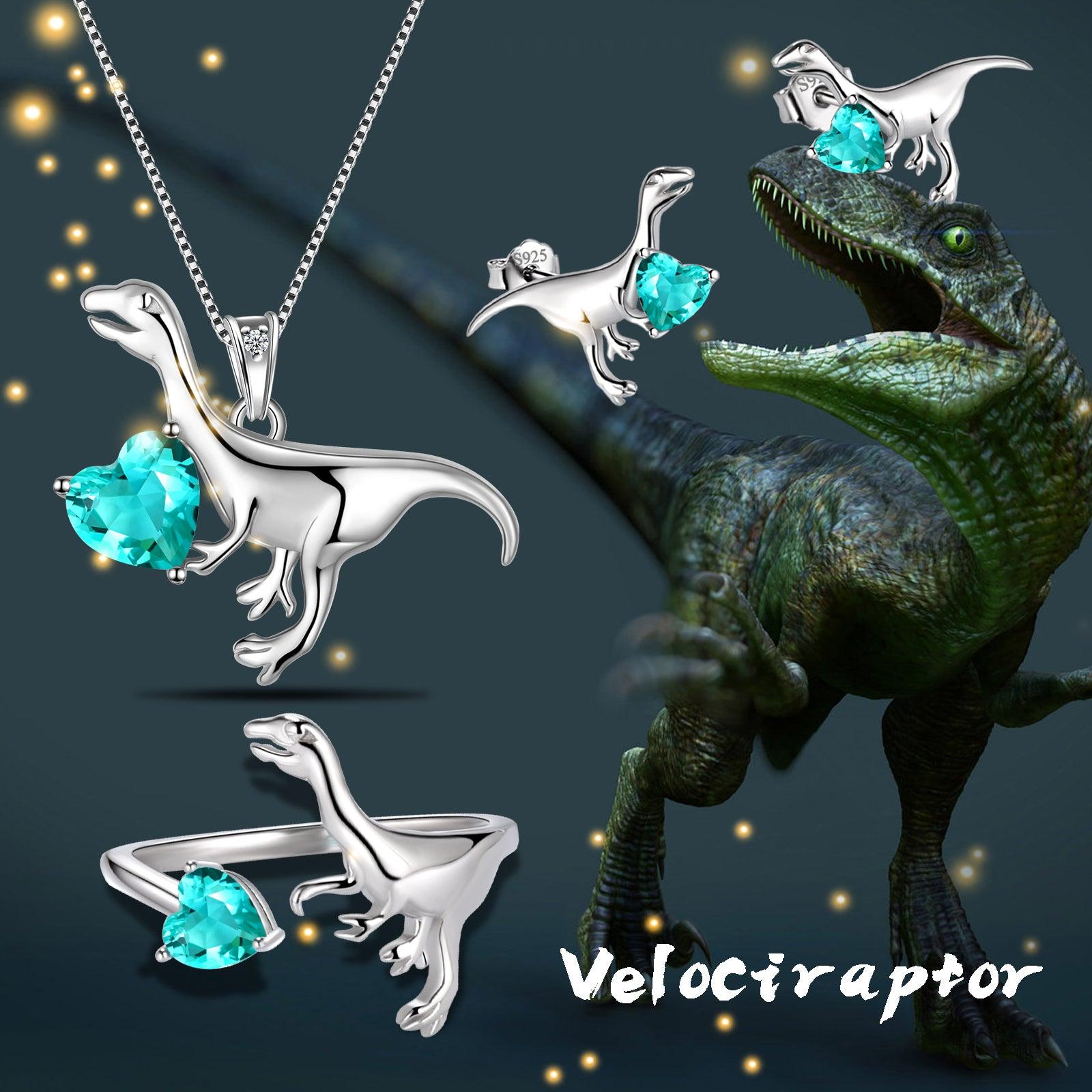 Velociraptor Dinosaur Charm Jewelry Set Earrings Necklace Ring - Jewelry Set - Aurora Tears