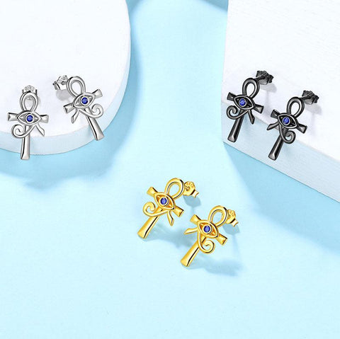 Eye of Horus Ankh Cross Earrings 925 Sterling Silver - Earrings - Aurora Tears