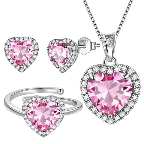 Set di gioielli a forma di cuore per donne, collana, orecchini, anello, set di gioielli con pietra portafortuna in argento sterling, regalo di San Valentino e Natale