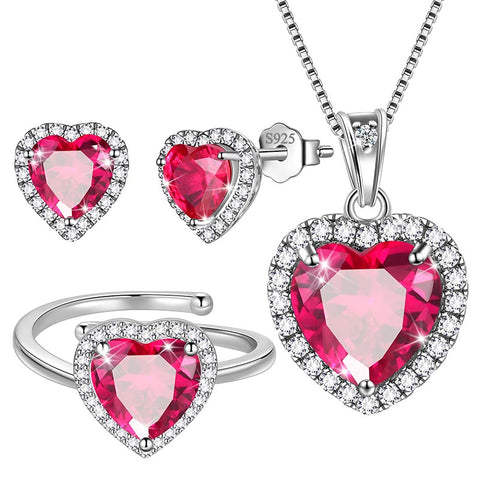 Heart Jewelry Sets for Women Necklace Earrings Ring Birthstone Jewelry Set Sterling Silver Valentine Christmas Gift