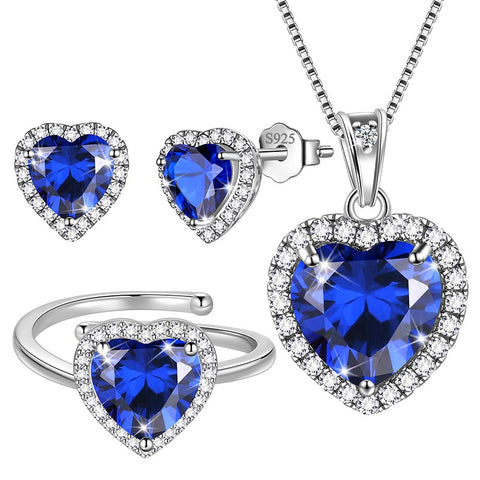 Set di gioielli a forma di cuore per donne, collana, orecchini, anello, set di gioielli con pietra portafortuna in argento sterling, regalo di San Valentino e Natale