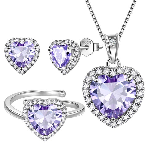 Set di gioielli a forma di cuore per donne, collana, orecchini, anello, set di gioielli con pietra portafortuna in argento sterling, regalo di San Valentino e Natale