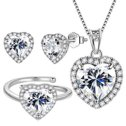 Set di gioielli a forma di cuore per donne, collana, orecchini, anello, set di gioielli con pietra portafortuna in argento sterling, regalo di San Valentino e Natale