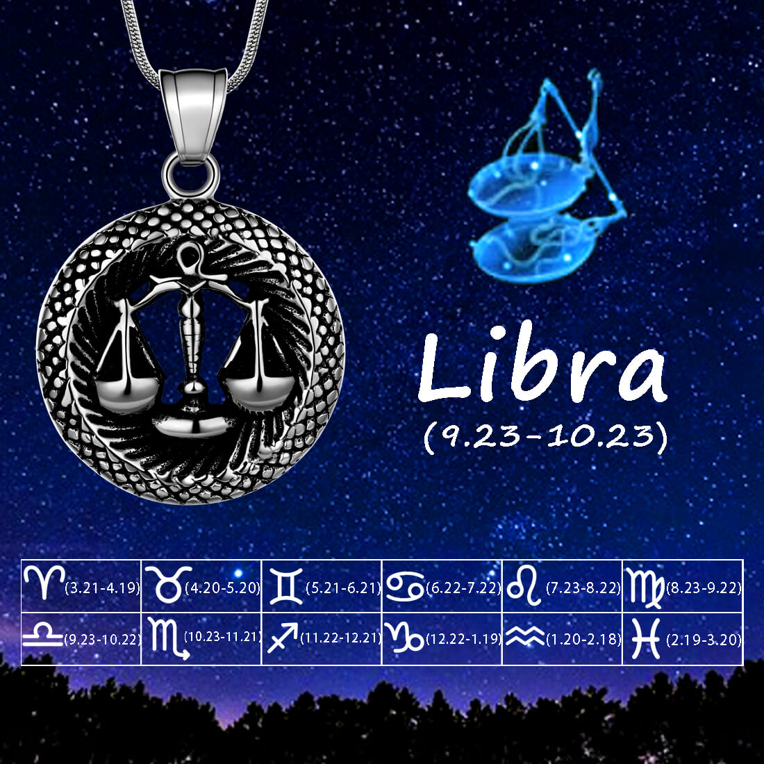 Men Zodiac Libra Necklace Pendant Star Sign Constellation Jewelry Women Boys Girls Birthday Gift - Aurora Tears Jewelry