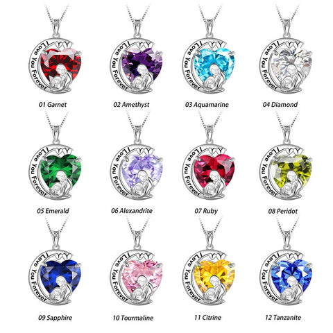 Moon Heart Mother Daughter Necklace 925 Sterling Silver Birthstone Women Jewelry Gifts