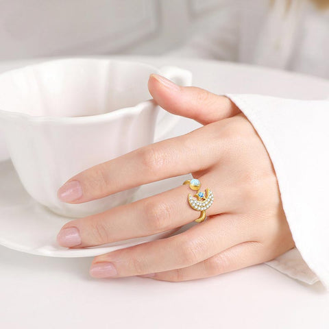 Star and Moon Rings Opal Crescent Moon Statement Ring Gifts for Women Girls Sterling Silver