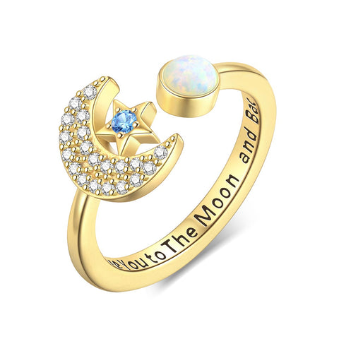 Star and Moon Rings Opal Crescent Moon Statement Ring Gifts for Women Girls Sterling Silver