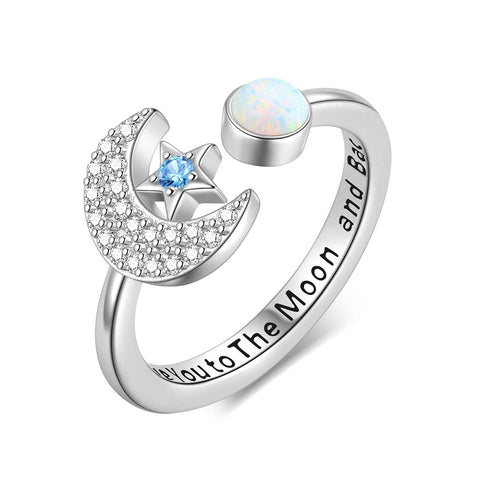 Star and Moon Rings Opal Crescent Moon Statement Ring Gifts for Women Girls Sterling Silver