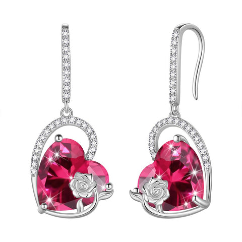 Orecchini da donna in argento sterling con cuore e pietra portafortuna, orecchini pendenti con gancio, gioielli con rosa, regali di compleanno per ragazze, San Valentino e Natale