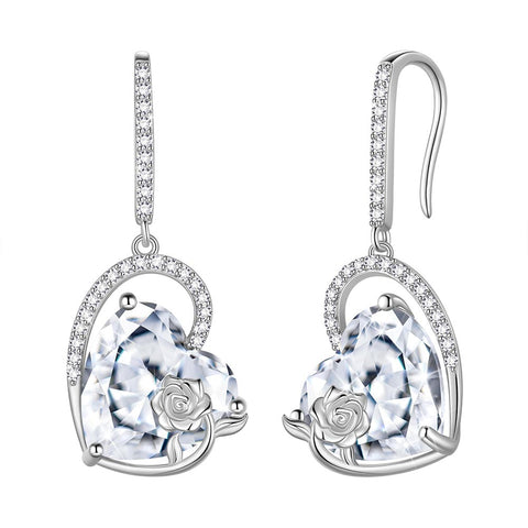 Orecchini da donna in argento sterling con cuore e pietra portafortuna, orecchini pendenti con gancio, gioielli con rosa, regali di compleanno per ragazze, San Valentino e Natale