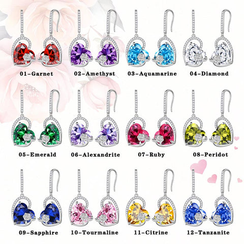 Sterling Silver Women Earrings Heart Birthstone Hook Dangle Earring Rose Jewelry Girls Birthday Valentine Christmas Gifts