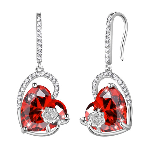 Orecchini da donna in argento sterling con cuore e pietra portafortuna, orecchini pendenti con gancio, gioielli con rosa, regali di compleanno per ragazze, San Valentino e Natale