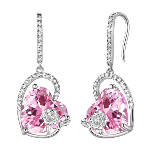 Orecchini da donna in argento sterling con cuore e pietra portafortuna, orecchini pendenti con gancio, gioielli con rosa, regali di compleanno per ragazze, San Valentino e Natale