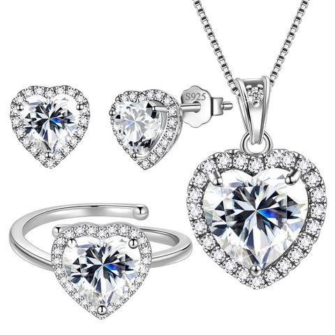 Set di gioielli a forma di cuore da donna, con pietra portafortuna, collana, orecchini, anello, argento sterling 925, regalo per ragazze, compleanno, festa della mamma