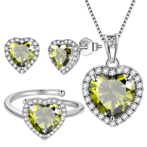 Women Heart Jewelry Sets Birthstone Necklace Earrings Ring 925 Sterling Silver Girls Birthday Mother's Day Gift