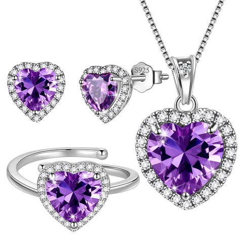 Set di gioielli a forma di cuore da donna, con pietra portafortuna, collana, orecchini, anello, argento sterling 925, regalo per ragazze, compleanno, festa della mamma