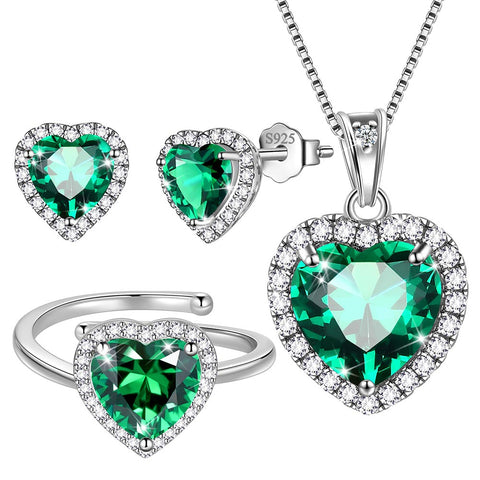 Women Heart Jewelry Sets Birthstone Necklace Earrings Ring 925 Sterling Silver Girls Birthday Mother's Day Gift