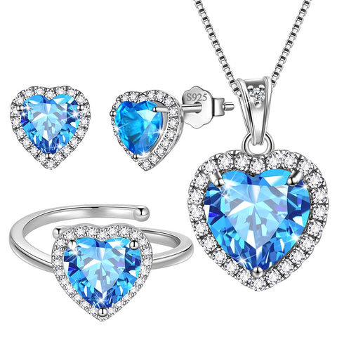 Women Heart Jewelry Sets Birthstone Necklace Earrings Ring 925 Sterling Silver Girls Birthday Mother's Day Gift