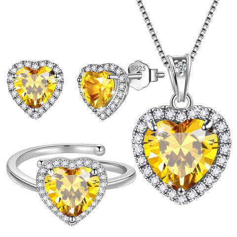 Set di gioielli a forma di cuore da donna, con pietra portafortuna, collana, orecchini, anello, argento sterling 925, regalo per ragazze, compleanno, festa della mamma